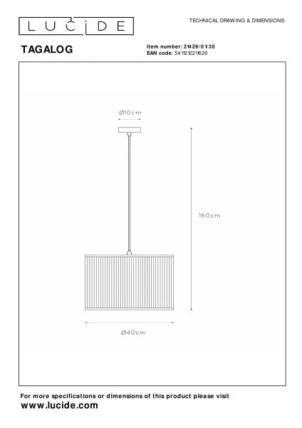 Lucide TAGALOG - Hanglamp - Ø 40 cm - 1xE27 - Zwart - technisch